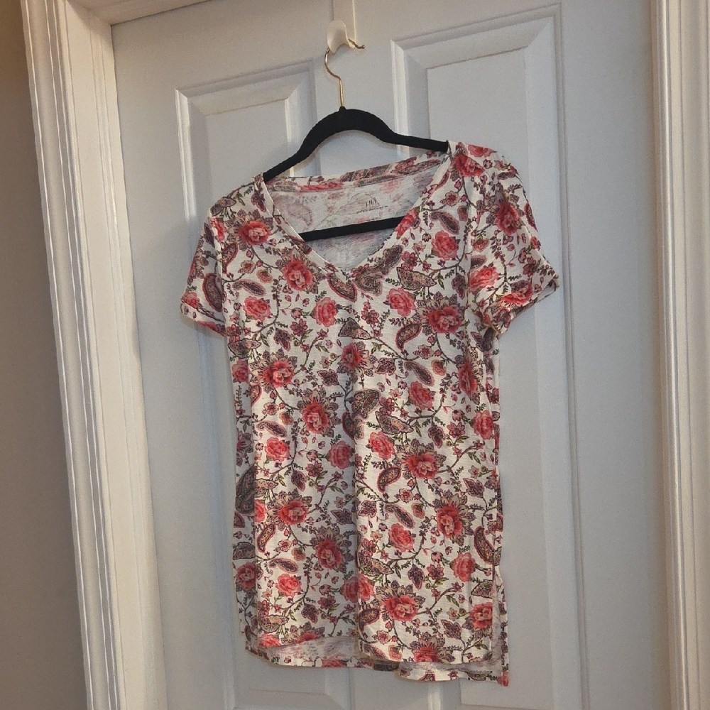 J. Jill Cream Floral Short Sleeve  T-Shirt XS